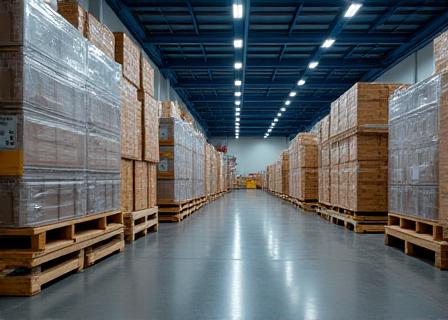 Organized freight staging area with various cargo types