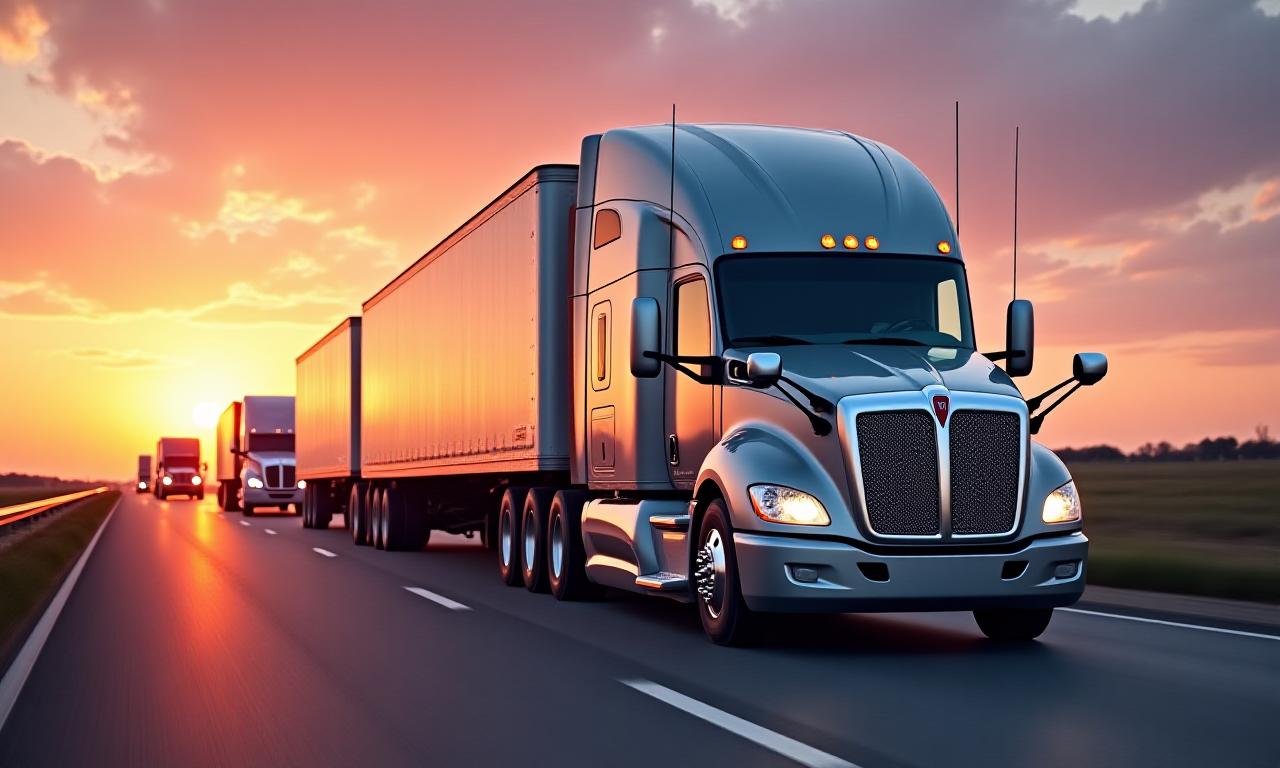 Fleet of modern logistics trucks on highway